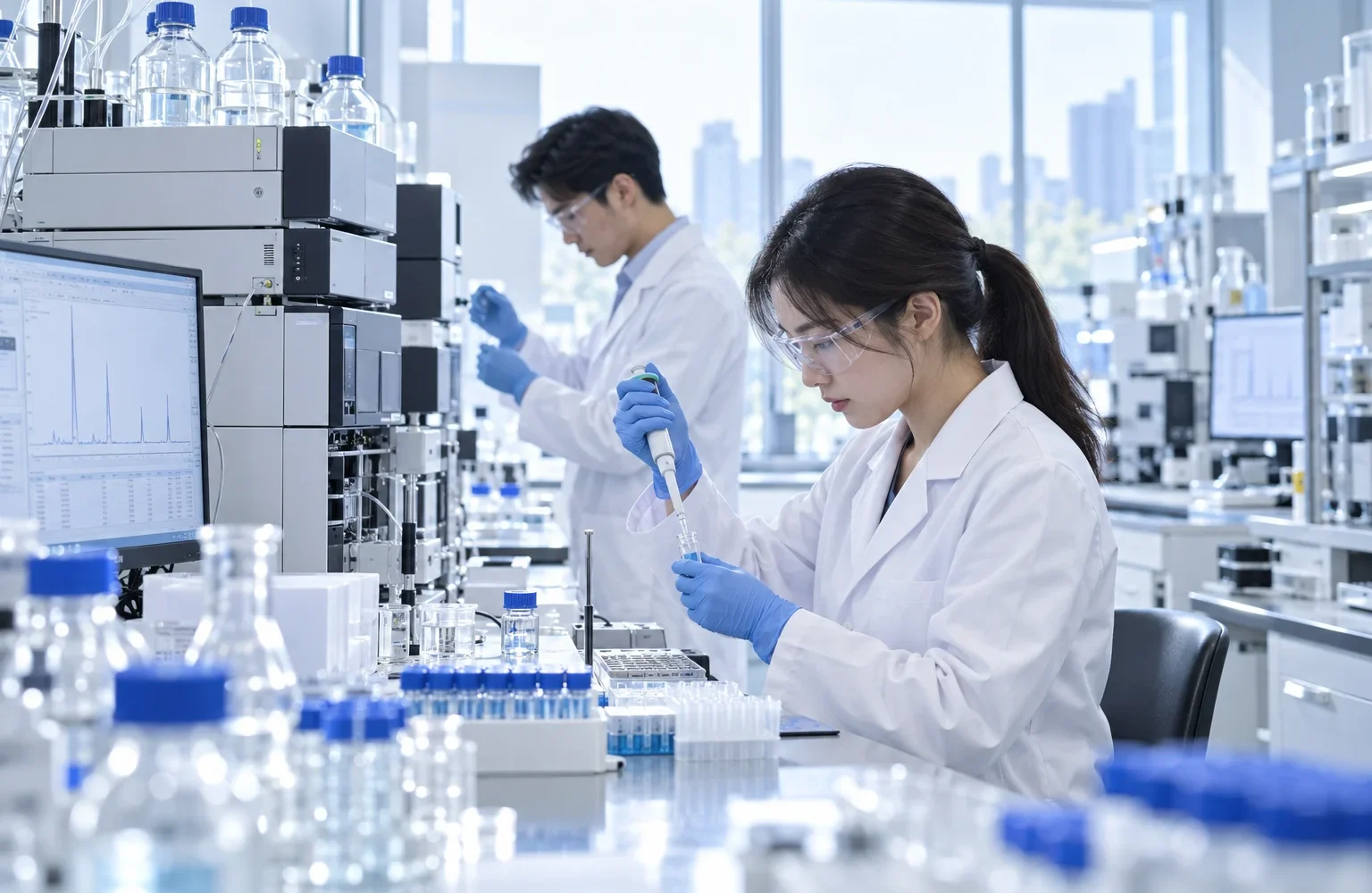 Concept image of formulation researchers working in a bright analytical laboratory